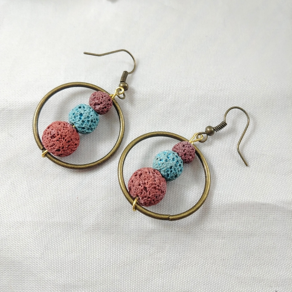 Lava bead brass tone hoop earrings